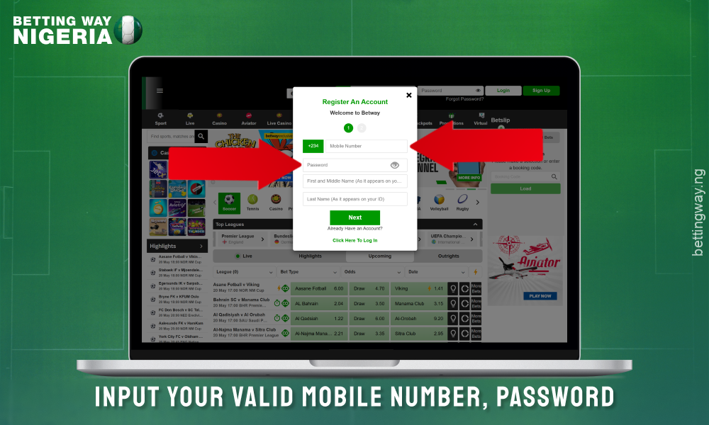 Enter your phone number and other requested details to create an account on Betway Nigeria