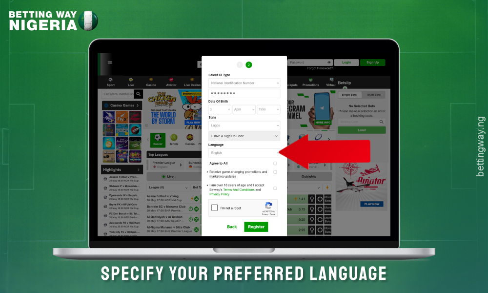 Select your preferred language on the Betway Nigeria registration form