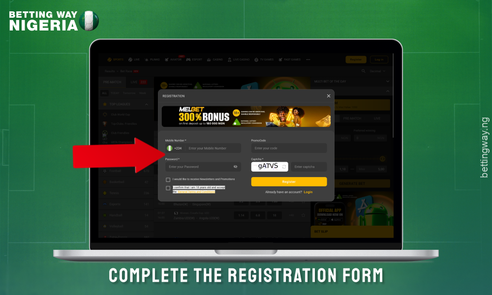 Fill out the registration form to create a Melbet account