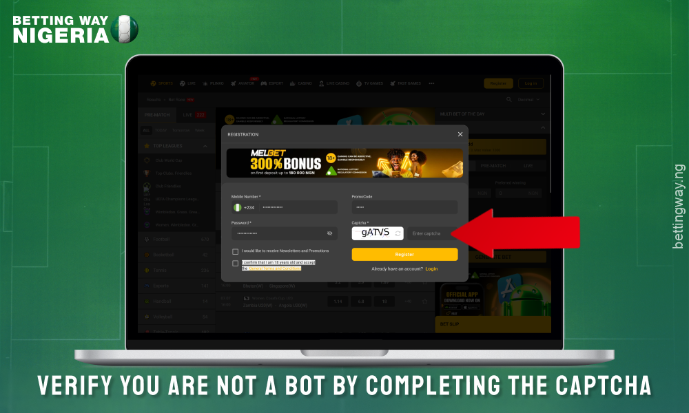 Complete the captcha in the Melbet registration form