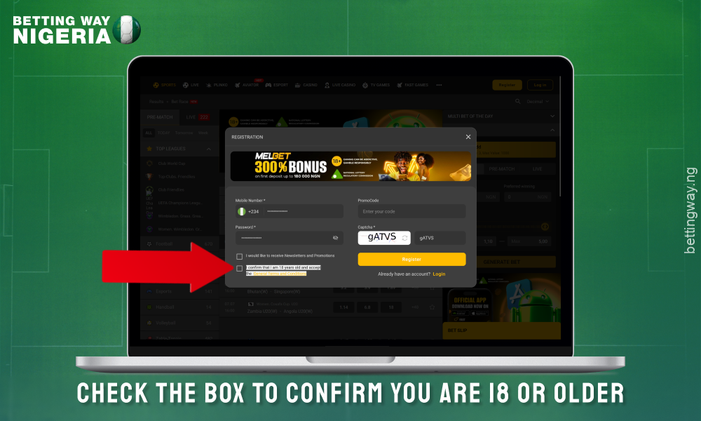 Confirm your age and agree to Melbet terms and conditions to create an account