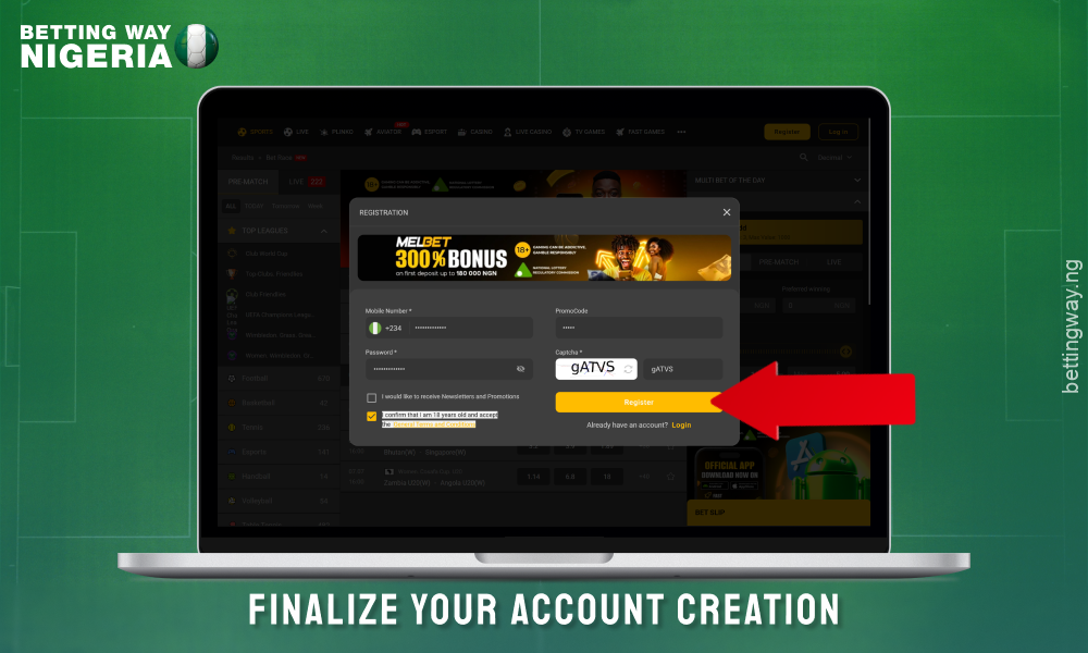 Complete your Melbet account creation by clicking the register button